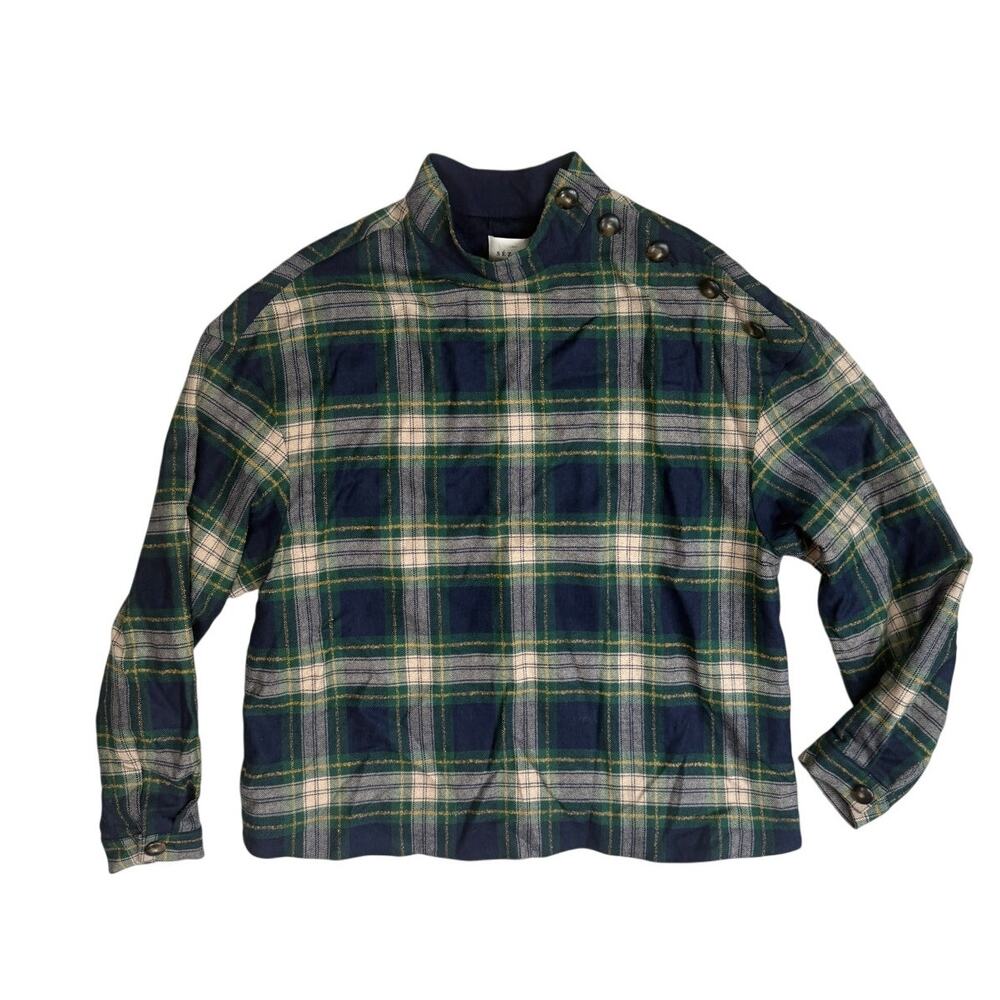 Sezane Ozalee Plaid Check Long Sleeve Blouse Green Button Wool 8